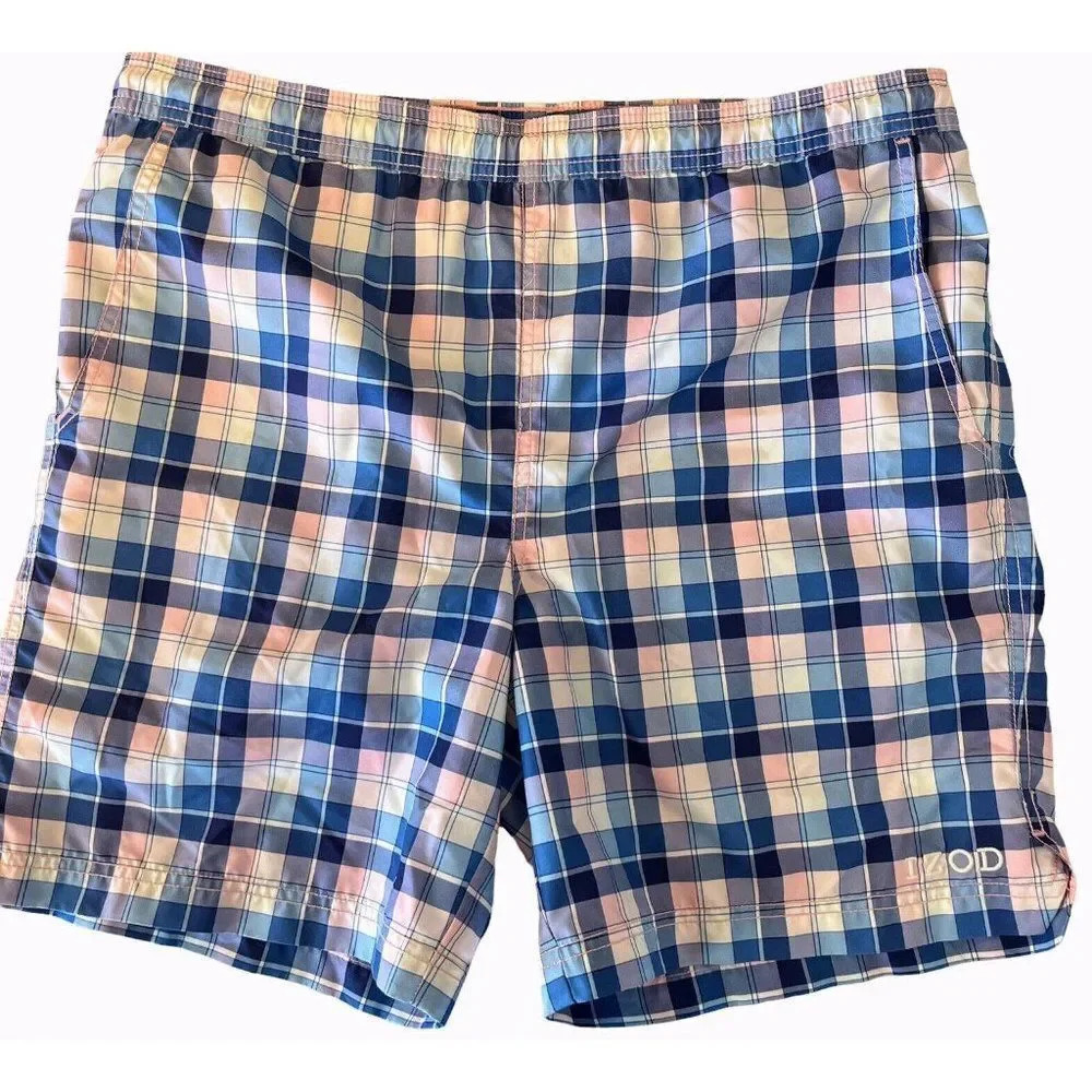 IZOD MENS FULL DRAWSTRING WAIST SWIM SUIT BLUE PINK CHECKS SIZE SMALL LOGO MESH